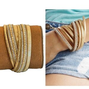 Tan caramel brown suede leather metallic gold glitter rhinestone stud bracelet